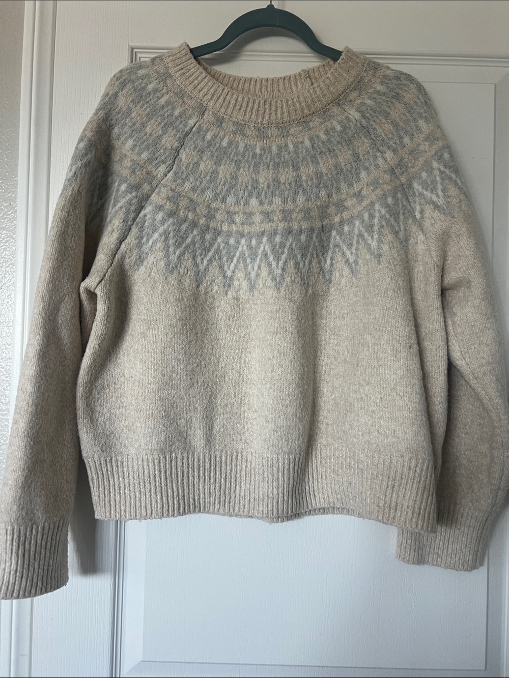 Rachel Zoe Cream and Light Gray Fair Isle Crewneck Sweater